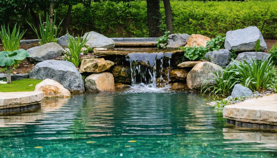 Artistic backyard pond with waterfall, stone edges, water lilies, and ornamental plants in golden hour light