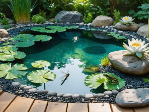 Backyard ecosystem pool with clear water, stone edging, and a planted gravel regeneration zone of reeds, rushes, and water lilies; a dragonfly on a reed and a frog on a sunlit rock at golden hour, with a small garden deck and native shrubs in the background.
