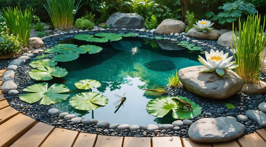 Backyard ecosystem pool with clear water, stone edging, and a planted gravel regeneration zone of reeds, rushes, and water lilies; a dragonfly on a reed and a frog on a sunlit rock at golden hour, with a small garden deck and native shrubs in the background.