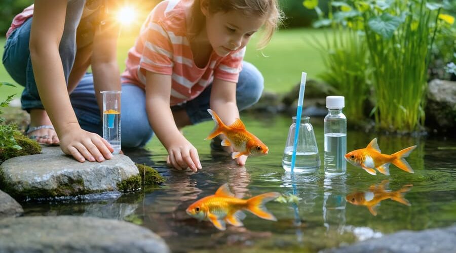 Parent and child kneel beside a backyard pond; the child looks through a clear viewing tube at goldfish while basic water test vials and pH strips rest on a flat stone, lit by warm golden hour light with a softly blurred garden in the background.