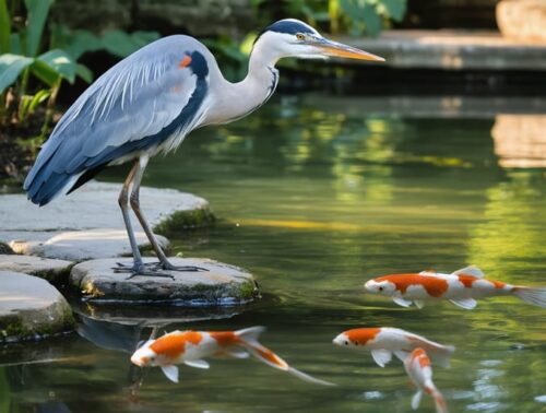 Great blue heron at the edge of a backyard koi pond at dawn, koi visible under the water, faint raccoon paw prints in damp mud on the stone bank, soft golden side light, garden background softly blurred.