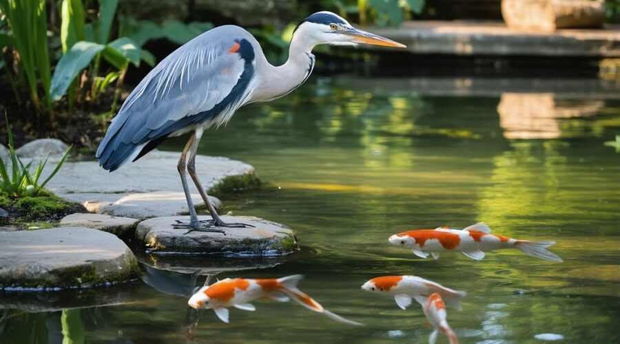 Great blue heron at the edge of a backyard koi pond at dawn, koi visible under the water, faint raccoon paw prints in damp mud on the stone bank, soft golden side light, garden background softly blurred.