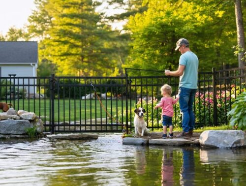 Adult supervising a toddler and leashed dog behind a black metal fence around a backyard pond, with visible shallow stone ledge and textured escape ramp, in warm golden hour light; house and garden softly blurred in the background.