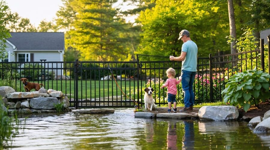 Adult supervising a toddler and leashed dog behind a black metal fence around a backyard pond, with visible shallow stone ledge and textured escape ramp, in warm golden hour light; house and garden softly blurred in the background.