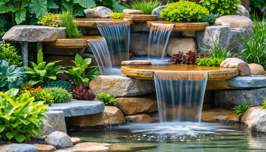 Backyard pond with natural stone waterfall surrounded by ornamental plants and grasses
