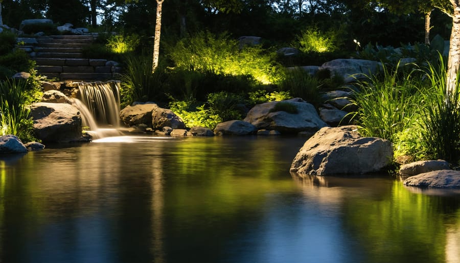 Backyard pond with balanced lighting design featuring illuminated focal points and shadowed areas