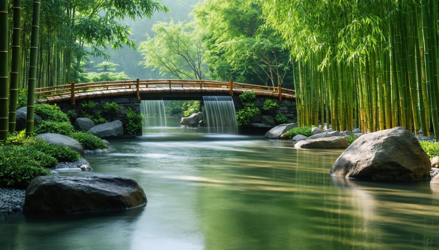 Close-up of traditional bamboo deer scarer water feature with flowing water in Japanese garden