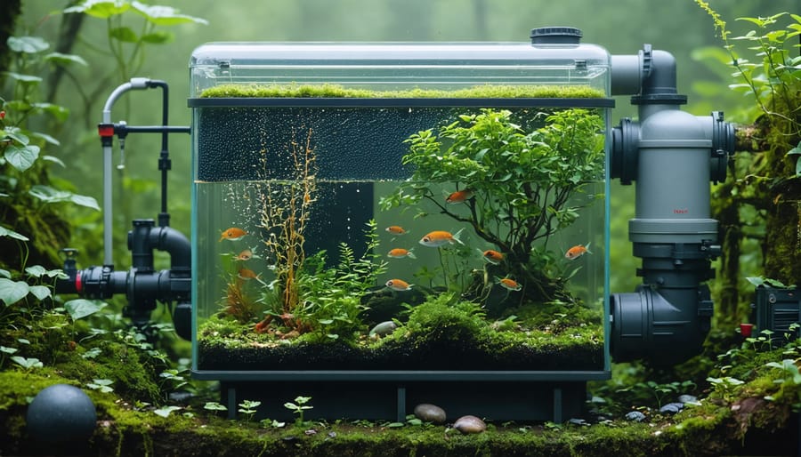 External biological filter box for koi pond showing layered filter media