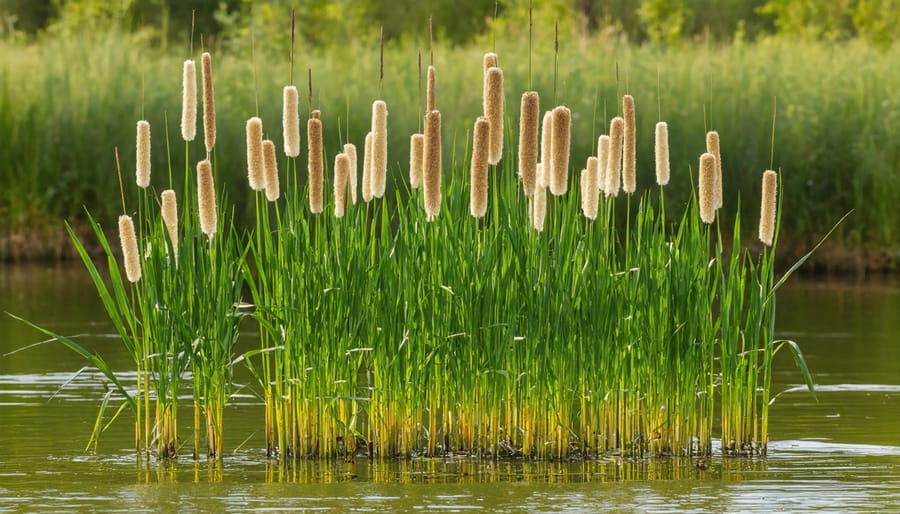 Cattail plants with brown seed heads growing in pond water at golden hour