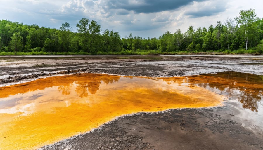 Overhead view of chemical spill on concrete surface with safety cleanup materials nearby