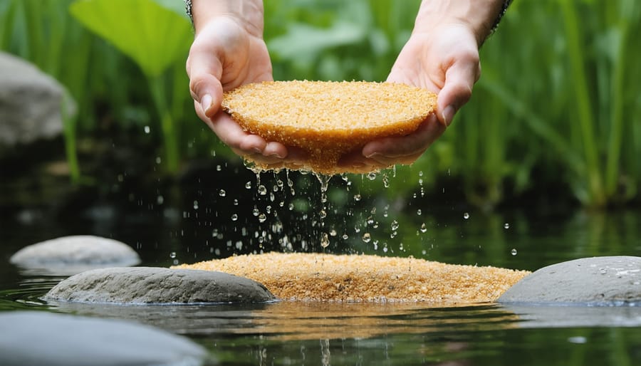 Person carefully cleaning biological filter media in bucket of pond water