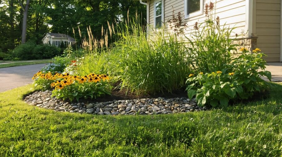 Residential rain garden in a suburban front yard with a shallow basin planted with switchgrass, black-eyed Susans, and cardinal flowers, photographed at golden hour with the house and driveway softly blurred in the background.