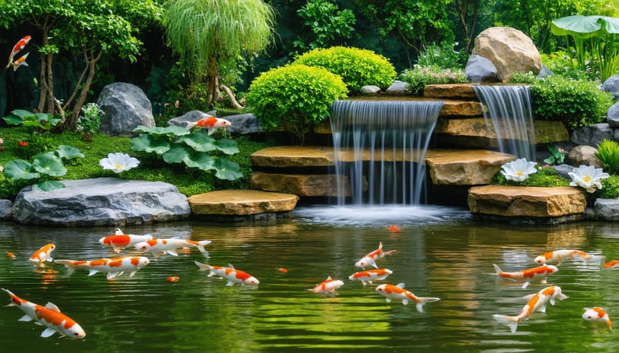 Well-designed backyard koi pond with fish, plants, and waterfall feature