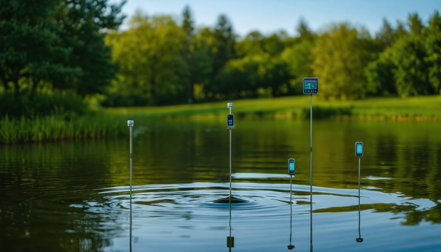Water quality monitoring probe submerged in pond water with sensors visible