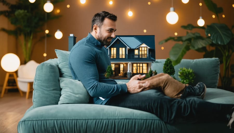 Couple researching pond financing options together on laptop outdoors