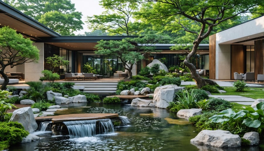 Residential backyard water garden combining Asian bamboo features with natural stone and native aquatic plants