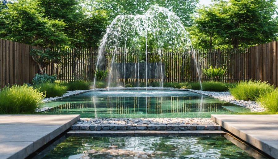 Black decorative metal safety fence installed around backyard garden pond with water plants