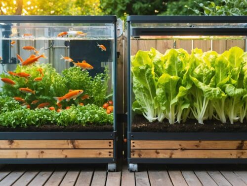 Backyard decoupled aquaponic system with a clear-sided koi tank next to separate raised grow beds of lettuce and tomatoes, connected by pipes, photographed at golden hour from a slightly elevated angle.