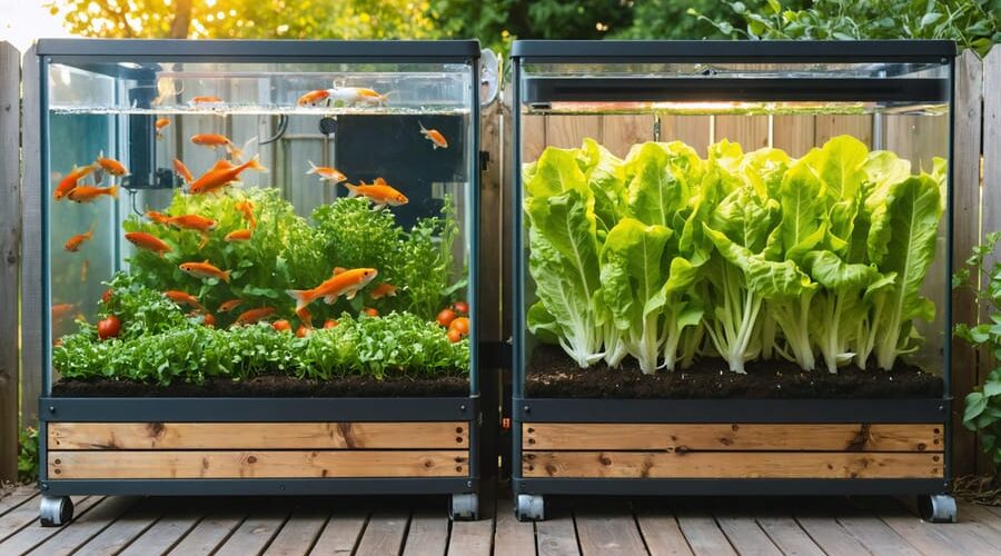 Backyard decoupled aquaponic system with a clear-sided koi tank next to separate raised grow beds of lettuce and tomatoes, connected by pipes, photographed at golden hour from a slightly elevated angle.