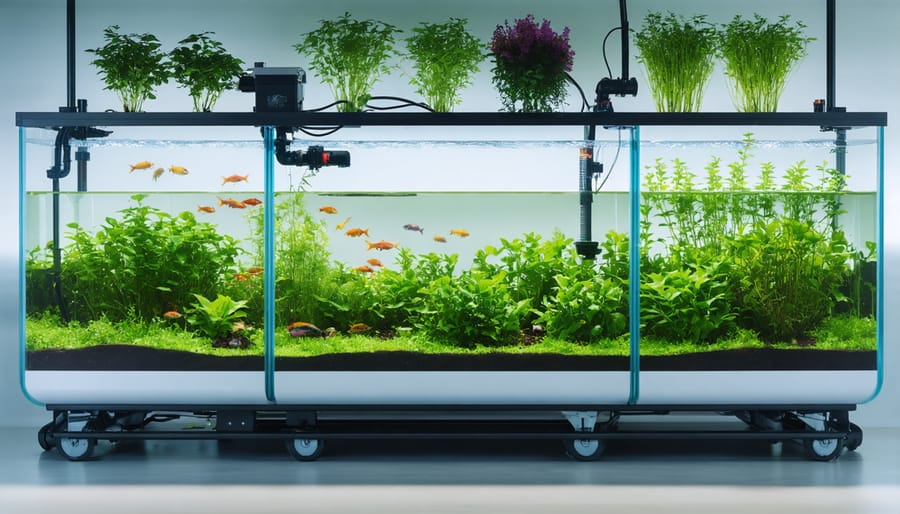 Overhead view of decoupled aquaponic system showing fish tank, grow beds, and sump tank
