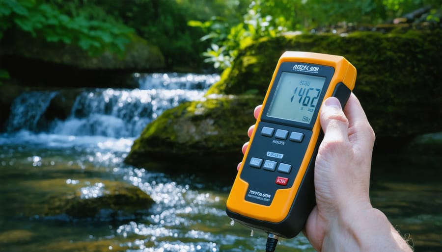 Hand holding digital water quality meter testing pond water