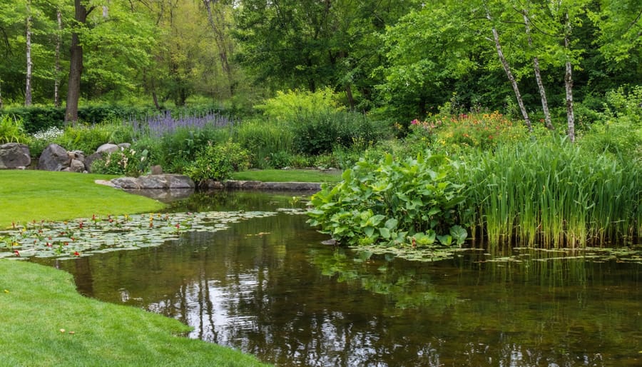 Biodiverse backyard pond with native aquatic plants, lily pads, and varied habitat zones