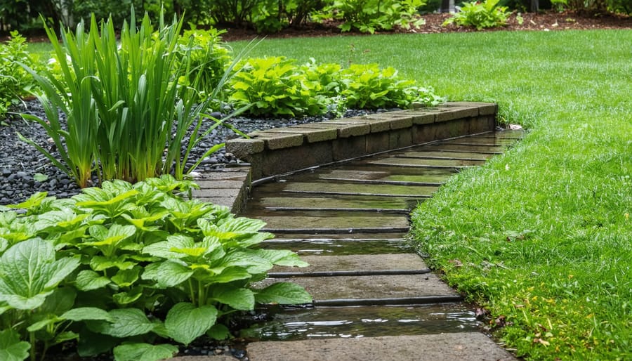 Downspout extension directing rainwater into planted rain garden basin with native vegetation
