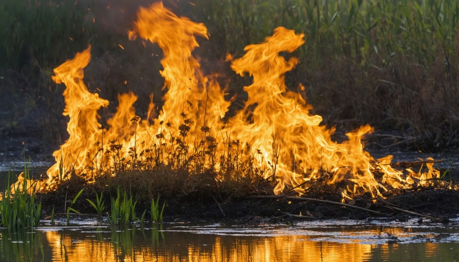 Dried cattails and dead grasses accumulated near pond edge and wooden walkway