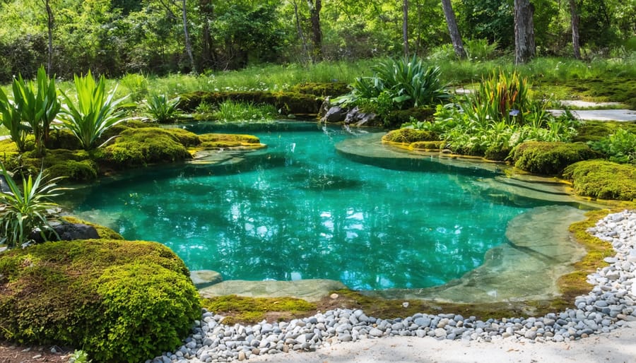 Thriving wildlife pond ecosystem with clear water, native plants, and dragonfly