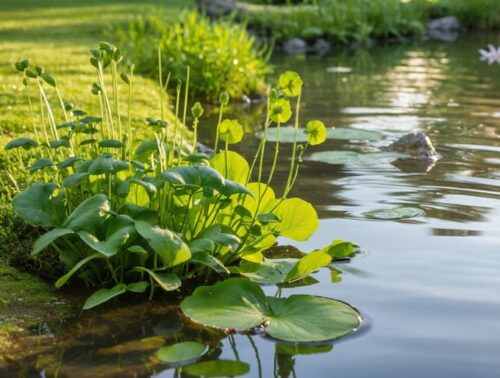Eye-level view of a backyard pond margin with lush watercress, water celery, and arrowhead in warm golden hour light, with soft water reflections, koi and water lilies softly blurred in the background, and natural stone edging.