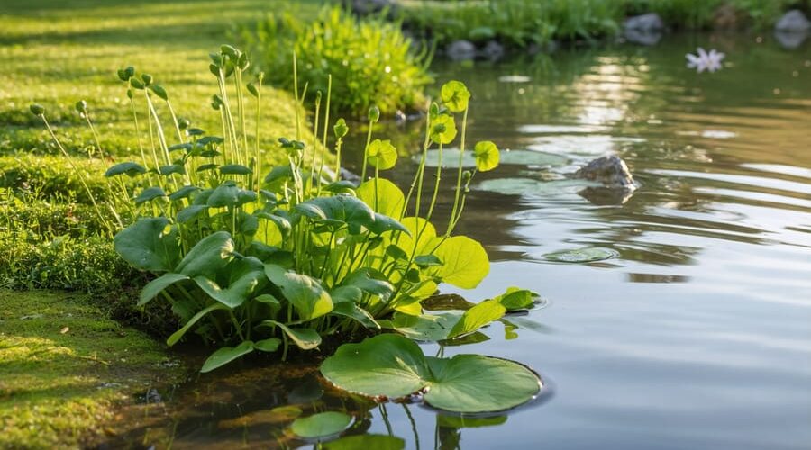 Eye-level view of a backyard pond margin with lush watercress, water celery, and arrowhead in warm golden hour light, with soft water reflections, koi and water lilies softly blurred in the background, and natural stone edging.