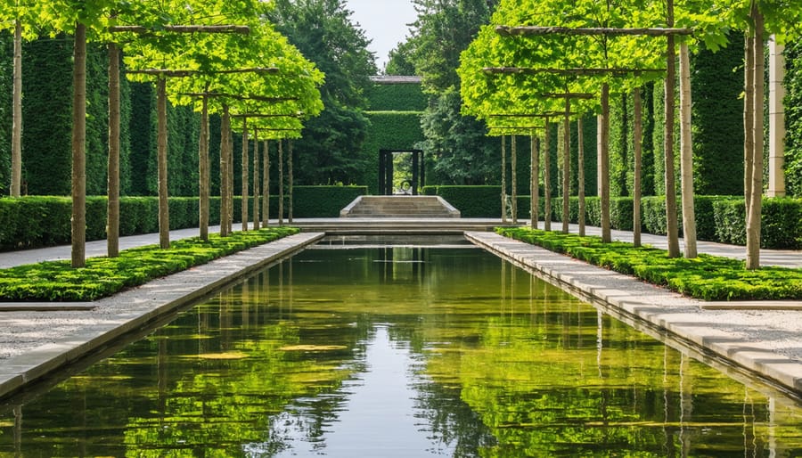 Formal European garden with symmetrical fountain and reflecting pool flanked by manicured hedges