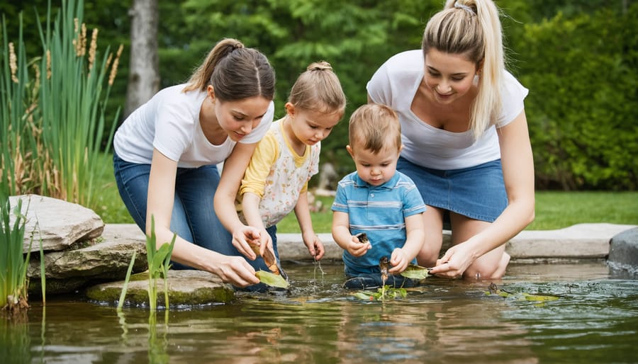 Children and adult observing fish and aquatic life at backyard pond edge
