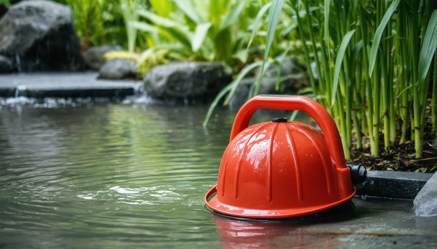 Fire extinguisher, garden hose, and first aid supplies arranged near pond for emergency preparedness