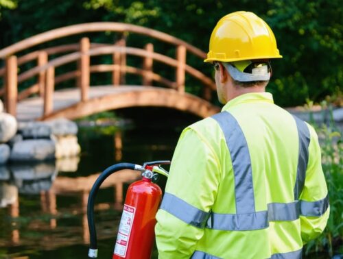 Fire watch worker in unbranded high-visibility vest holding a fire extinguisher beside a decorative pond and wooden bridge, with a welder and faint sparks blurred in the background among mulch and grasses at golden hour.
