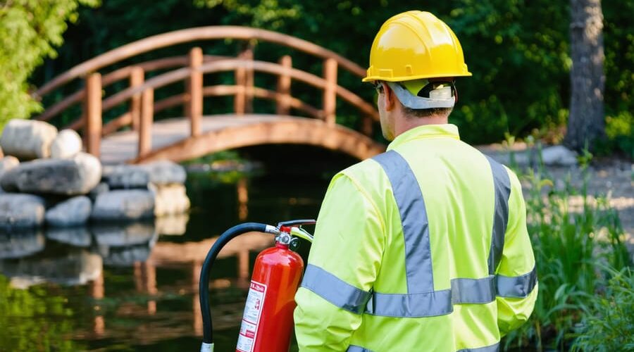 Fire watch worker in unbranded high-visibility vest holding a fire extinguisher beside a decorative pond and wooden bridge, with a welder and faint sparks blurred in the background among mulch and grasses at golden hour.