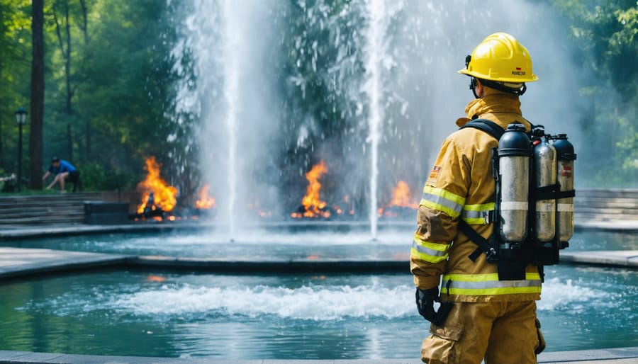 Fire watch professional with safety equipment standing near decorative pond with wooden bridge