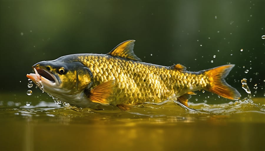 Koi fish showing stress behavior near pond surface due to low oxygen