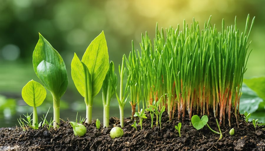 Overhead view of hands harvesting fresh green bog plants from shallow pond water