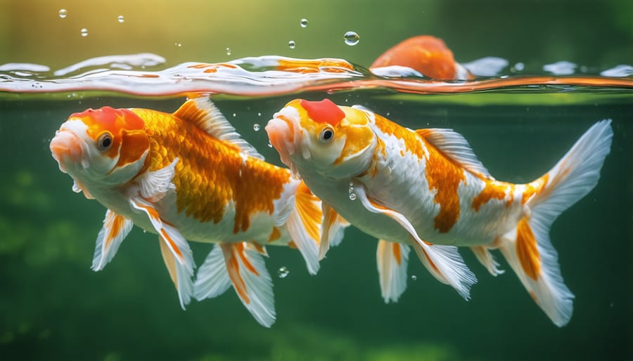 Colorful koi fish swimming in clear pond water