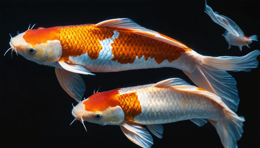 Koi fish swimming in clear pond water with oxygen bubbles and aquatic plants