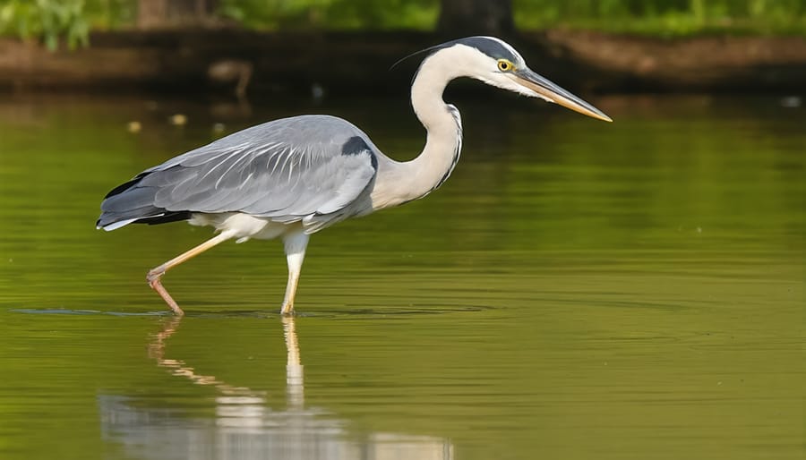 Blue heron standing at edge of backyard pond in hunting position