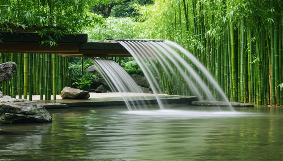 Japanese shishi-odoshi bamboo water fountain in traditional zen garden setting