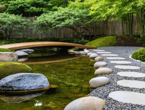 Japanese water garden with clear pond edged by river stones, a weathered granite tsukubai and bamboo spout, reclaimed cedar footbridge, decomposed granite and pea gravel paths, and moss with low sedges, with a bamboo fence and maples softly blurred in golden-hour light.