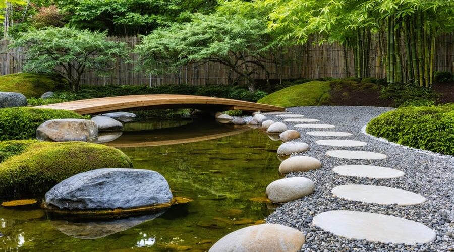 Japanese water garden with clear pond edged by river stones, a weathered granite tsukubai and bamboo spout, reclaimed cedar footbridge, decomposed granite and pea gravel paths, and moss with low sedges, with a bamboo fence and maples softly blurred in golden-hour light.