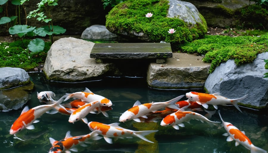 Japanese koi pond with orange and white koi fish, water lilies, and stone lantern