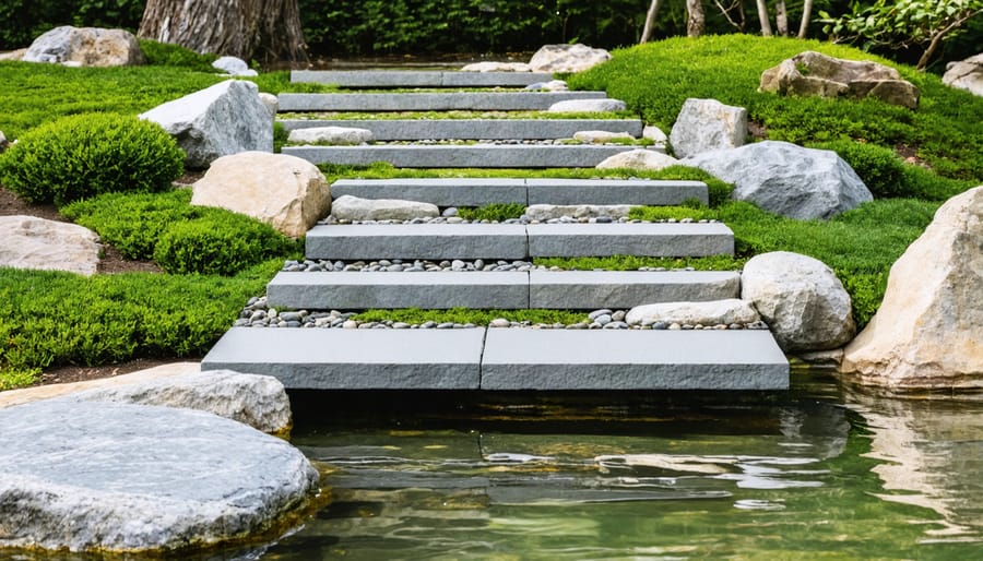 Overhead view of granite boulders and river rocks arranged around Japanese pond edge with koi fish