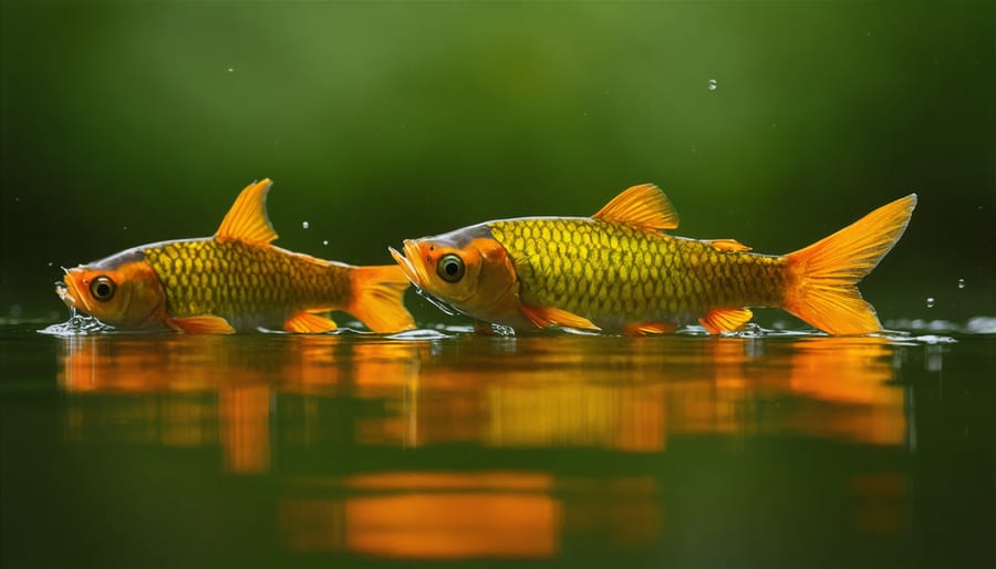 Colorful koi fish swimming near pond surface showing movement and visibility