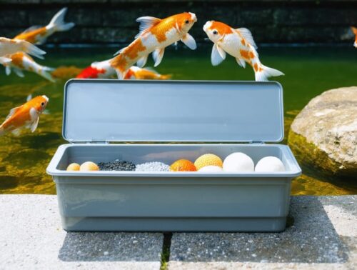 External biological filter box with visible bio-media next to a clear koi pond with colorful koi, surrounded by garden rocks and plants.