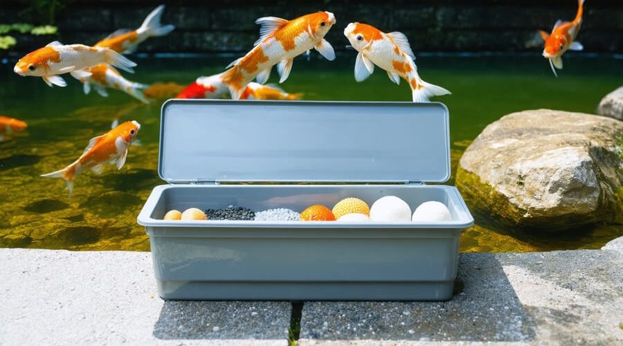 External biological filter box with visible bio-media next to a clear koi pond with colorful koi, surrounded by garden rocks and plants.